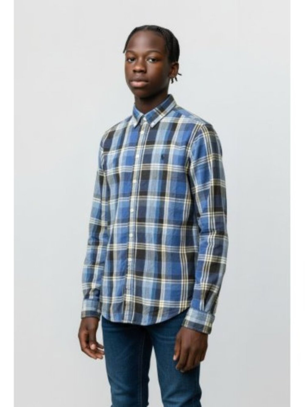 RALPH LAUREN Blue Plaid Long Sleeved Button Front Shirt Boys Size 14-16